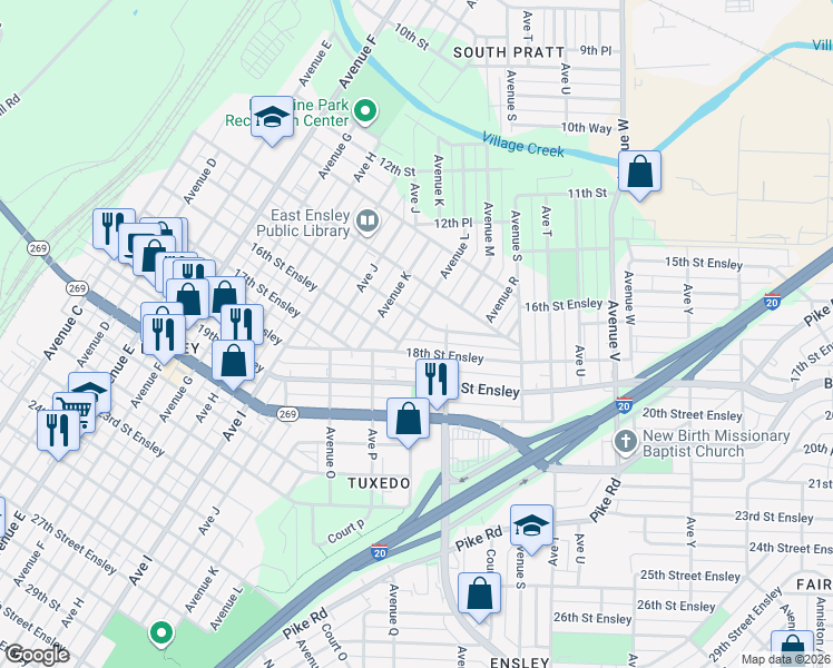 map of restaurants, bars, coffee shops, grocery stores, and more near 1625 18th Street Ensley in Birmingham