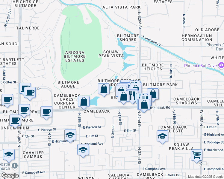 map of restaurants, bars, coffee shops, grocery stores, and more near 3020 East Camelback Road in Phoenix