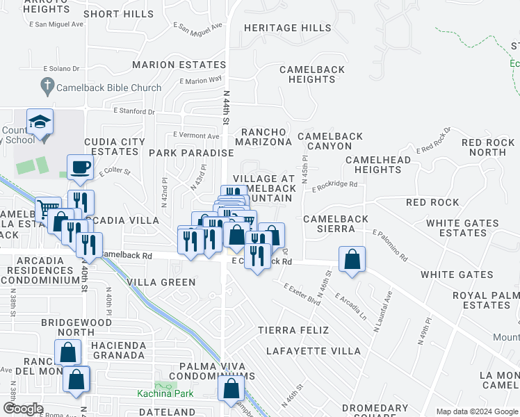 map of restaurants, bars, coffee shops, grocery stores, and more near 4444 East Camelback Road in Phoenix