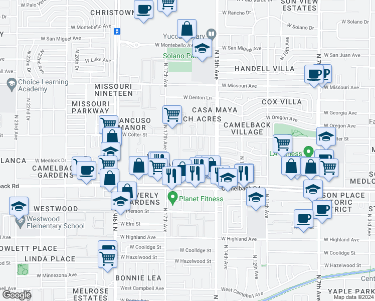 map of restaurants, bars, coffee shops, grocery stores, and more near 5104 North 16th Avenue in Phoenix