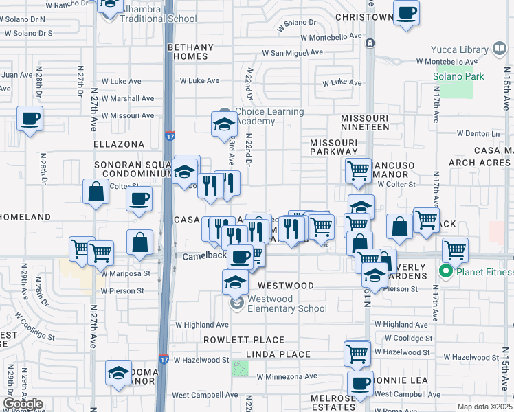 map of restaurants, bars, coffee shops, grocery stores, and more near 2218 West Medlock Drive in Phoenix