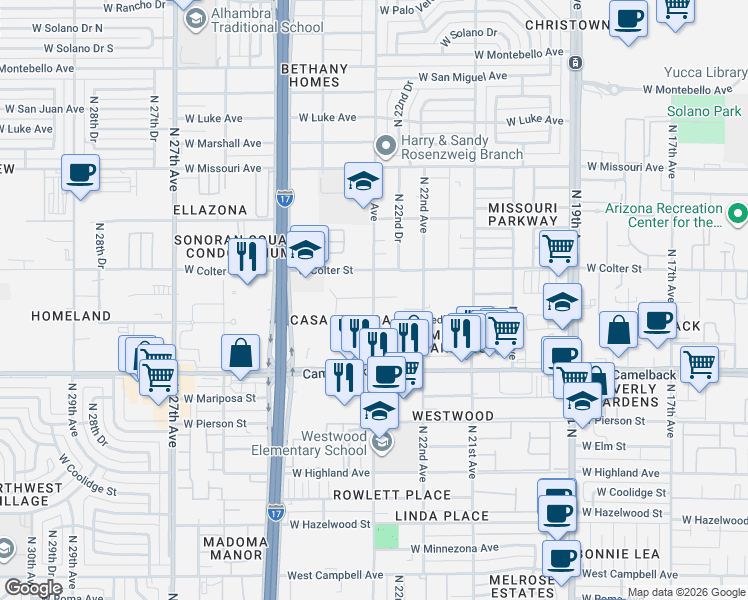 map of restaurants, bars, coffee shops, grocery stores, and more near 5112 North 23rd Avenue in Phoenix