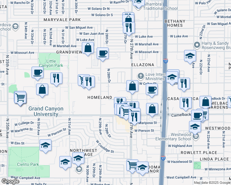 map of restaurants, bars, coffee shops, grocery stores, and more near 2740 West Medlock Drive in Phoenix