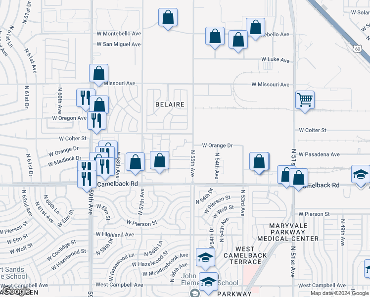 map of restaurants, bars, coffee shops, grocery stores, and more near 5411 West Orange Drive in Glendale