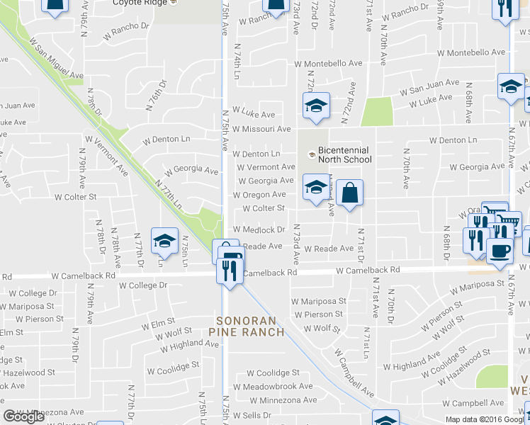 map of restaurants, bars, coffee shops, grocery stores, and more near 5218 North 73rd Lane in Glendale