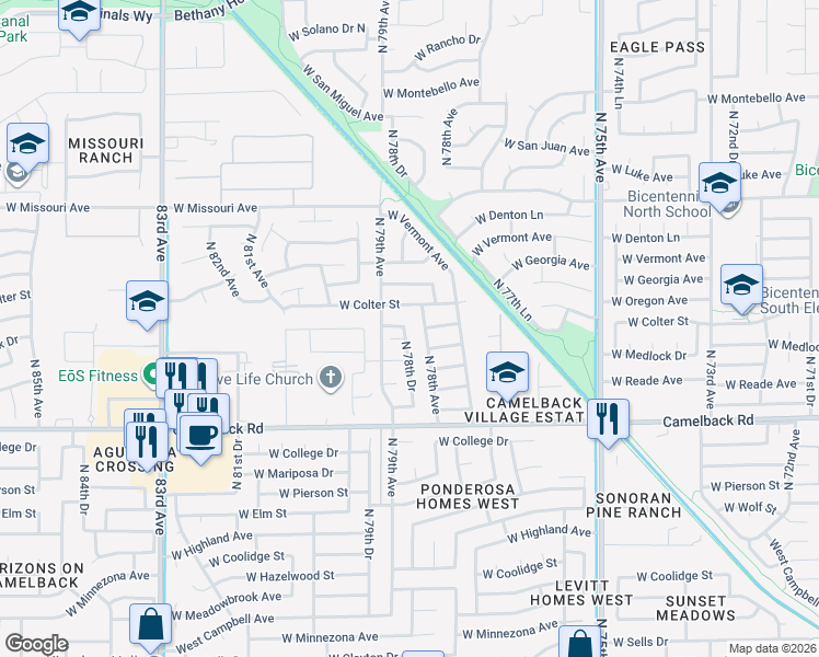 map of restaurants, bars, coffee shops, grocery stores, and more near 7891 West Medlock Drive in Glendale