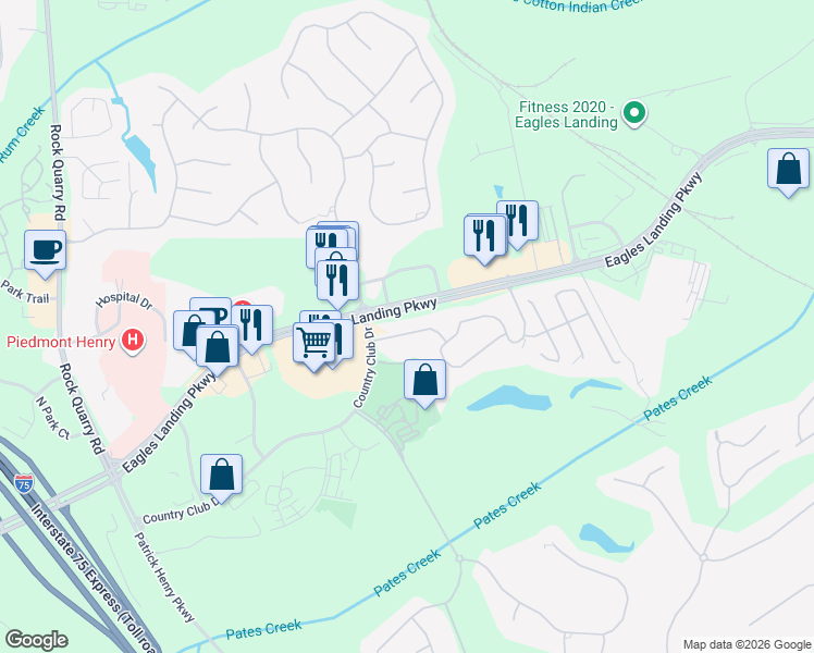 map of restaurants, bars, coffee shops, grocery stores, and more near 178 Eagles Club Drive in Stockbridge