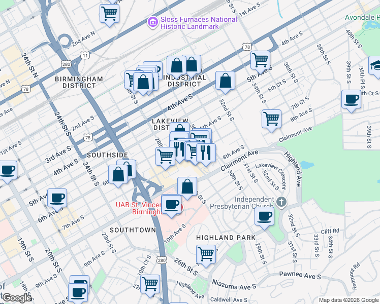 map of restaurants, bars, coffee shops, grocery stores, and more near 711 29th Street South in Birmingham