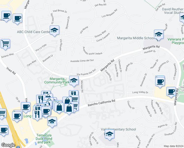 map of restaurants, bars, coffee shops, grocery stores, and more near 29911 Vía Puesta Del Sol in Temecula