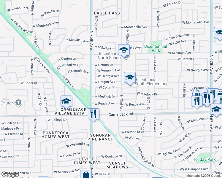 map of restaurants, bars, coffee shops, grocery stores, and more near 7359 West Colter Street in Glendale