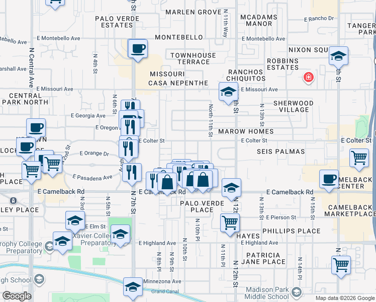 map of restaurants, bars, coffee shops, grocery stores, and more near 1002 East Medlock Drive in Phoenix
