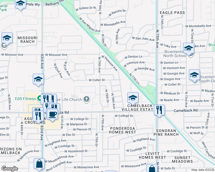 map of restaurants, bars, coffee shops, grocery stores, and more near 7891 West Medlock Drive in Glendale