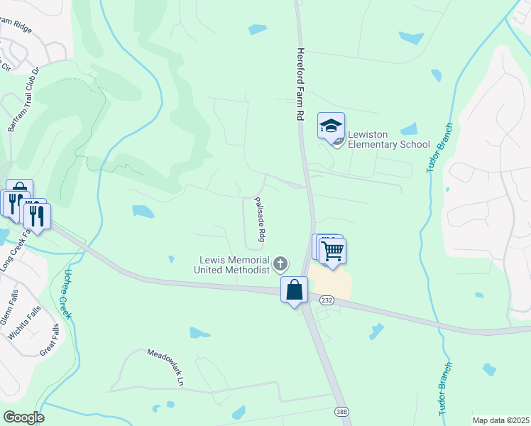 map of restaurants, bars, coffee shops, grocery stores, and more near 214 Palisade Ridge in Evans