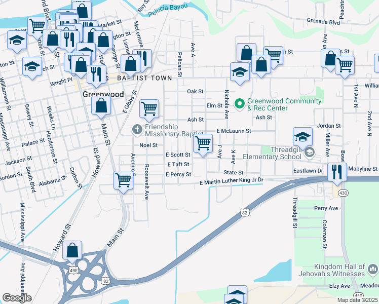 map of restaurants, bars, coffee shops, grocery stores, and more near 211 E Taft St in Greenwood