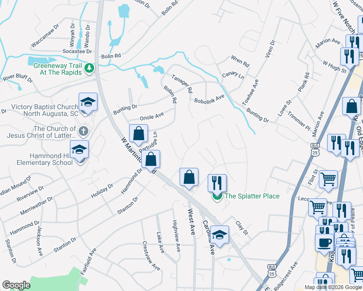 map of restaurants, bars, coffee shops, grocery stores, and more near 1823 Hidden Hills Drive in North Augusta