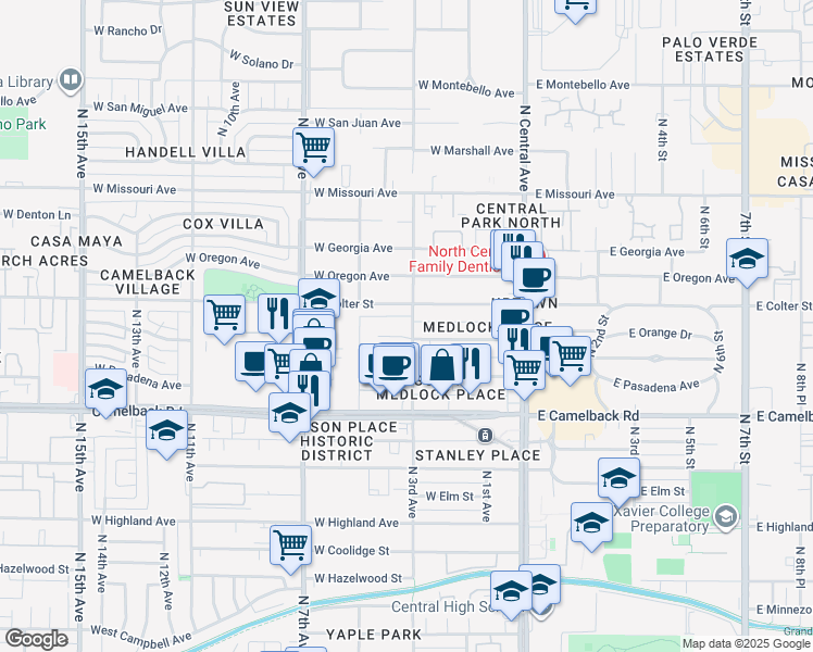 map of restaurants, bars, coffee shops, grocery stores, and more near 301 West Medlock Drive in Phoenix