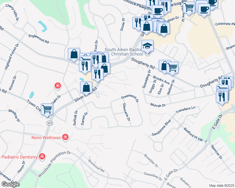 map of restaurants, bars, coffee shops, grocery stores, and more near 151 King Edward Way in Aiken