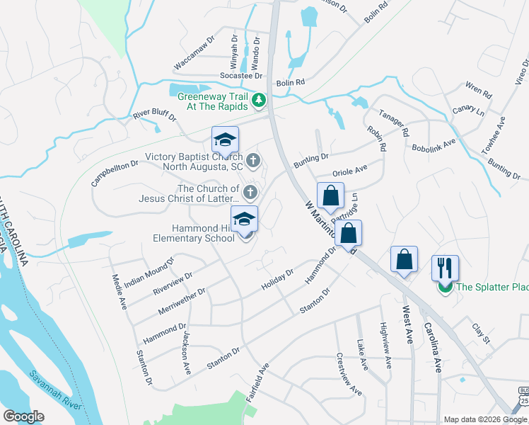 map of restaurants, bars, coffee shops, grocery stores, and more near 130 Hammond Place Circle in North Augusta