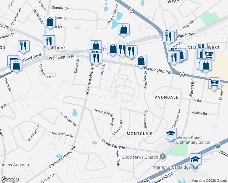 map of restaurants, bars, coffee shops, grocery stores, and more near 425 Folkstone Court in Augusta