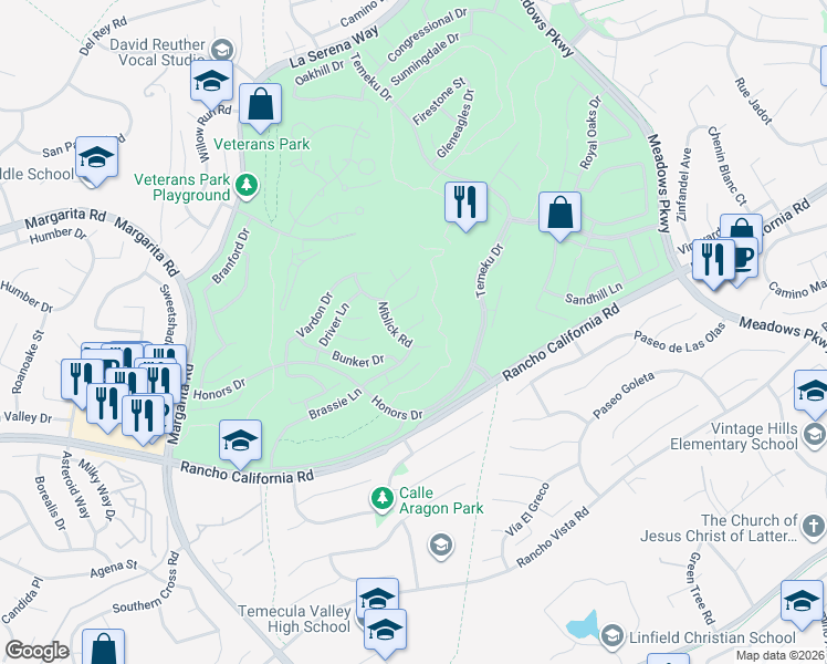 map of restaurants, bars, coffee shops, grocery stores, and more near 31115 Dog Leg Circle in Temecula