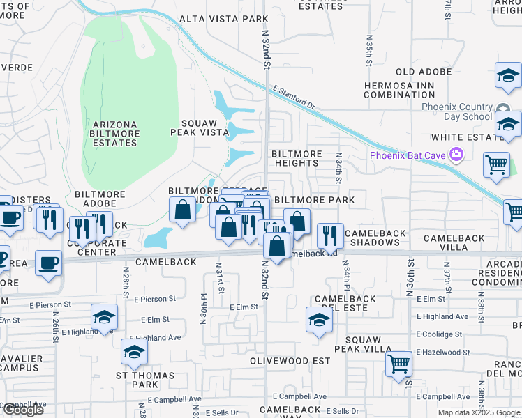 map of restaurants, bars, coffee shops, grocery stores, and more near 3160 East Camelback Road in Phoenix
