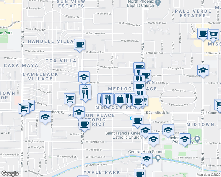 map of restaurants, bars, coffee shops, grocery stores, and more near 301 West Medlock Drive in Phoenix