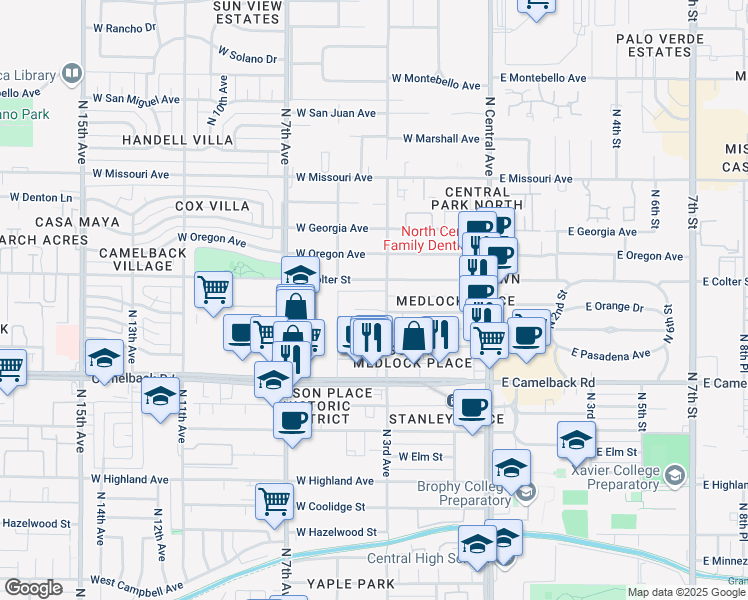map of restaurants, bars, coffee shops, grocery stores, and more near 301 West Medlock Drive in Phoenix