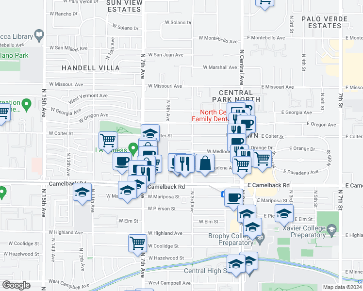 map of restaurants, bars, coffee shops, grocery stores, and more near 301 West Medlock Drive in Phoenix