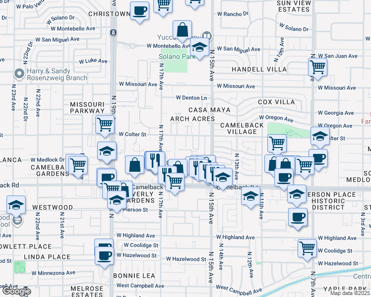 map of restaurants, bars, coffee shops, grocery stores, and more near 5104 North 16th Avenue in Phoenix