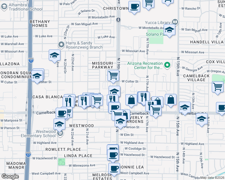 map of restaurants, bars, coffee shops, grocery stores, and more near 5060 North 19th Avenue in Phoenix