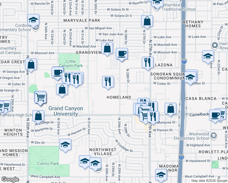 map of restaurants, bars, coffee shops, grocery stores, and more near 5102 North 29th Avenue in Phoenix