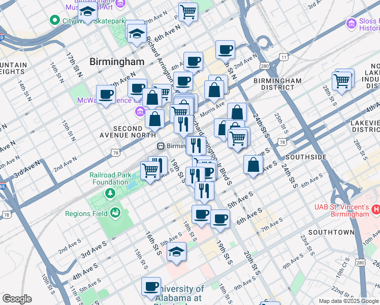 map of restaurants, bars, coffee shops, grocery stores, and more near 105 20th Street South in Birmingham
