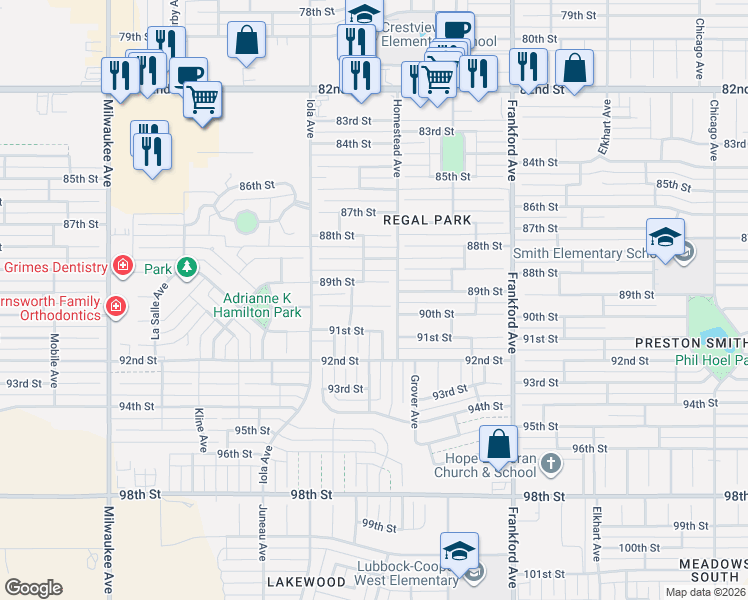 map of restaurants, bars, coffee shops, grocery stores, and more near 6008 91st Street in Lubbock