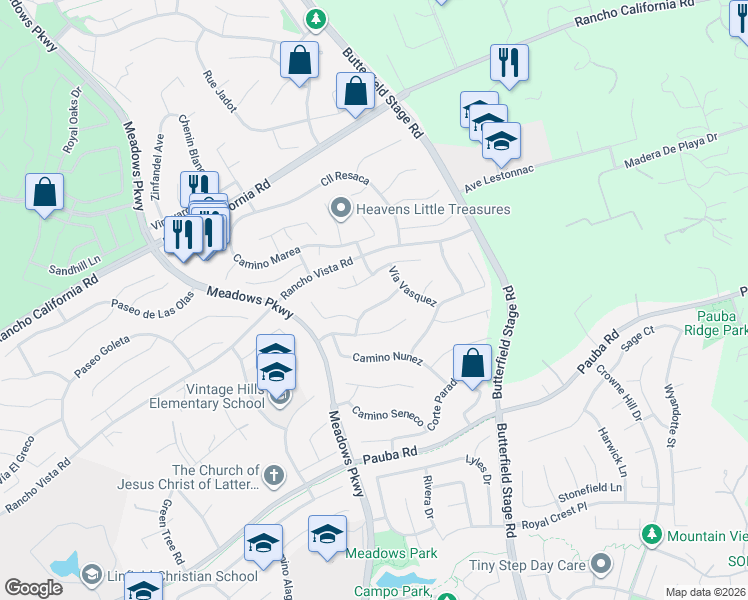 map of restaurants, bars, coffee shops, grocery stores, and more near 41956 Corte Valentine in Temecula