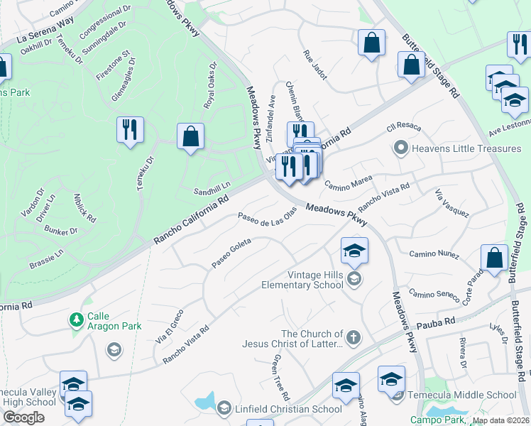 map of restaurants, bars, coffee shops, grocery stores, and more near 31693 Paseo de Las Olas in Temecula