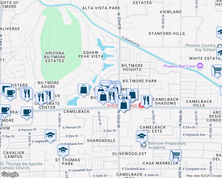 map of restaurants, bars, coffee shops, grocery stores, and more near 3160 East Camelback Road in Phoenix