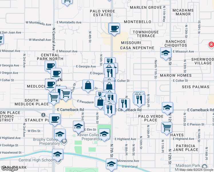 map of restaurants, bars, coffee shops, grocery stores, and more near 5106 North 7th Street in Phoenix