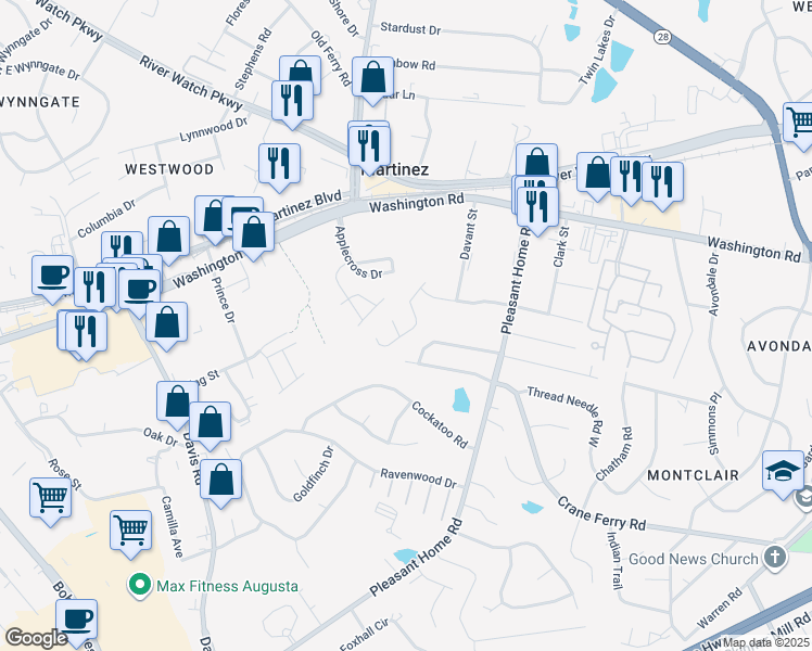 map of restaurants, bars, coffee shops, grocery stores, and more near 2214 Pleasant Drive in Augusta