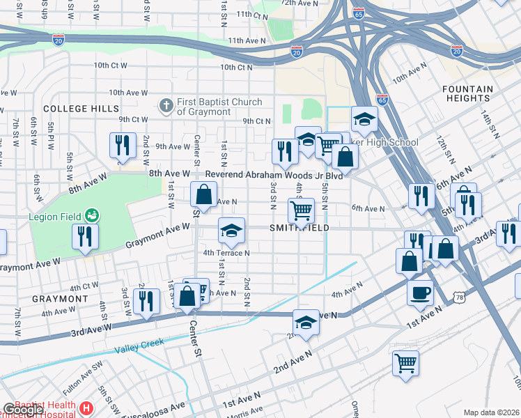 map of restaurants, bars, coffee shops, grocery stores, and more near 220 Graymont Avenue North in Birmingham