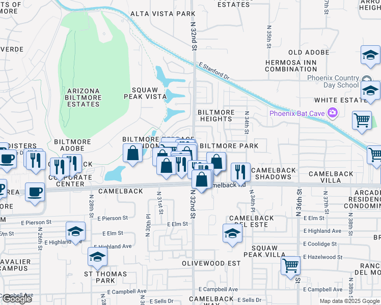 map of restaurants, bars, coffee shops, grocery stores, and more near 3160 East Camelback Road in Phoenix