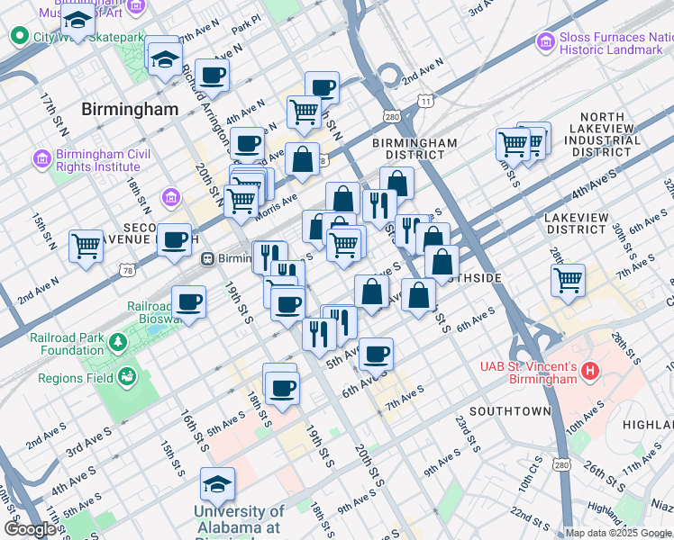 map of restaurants, bars, coffee shops, grocery stores, and more near in Birmingham