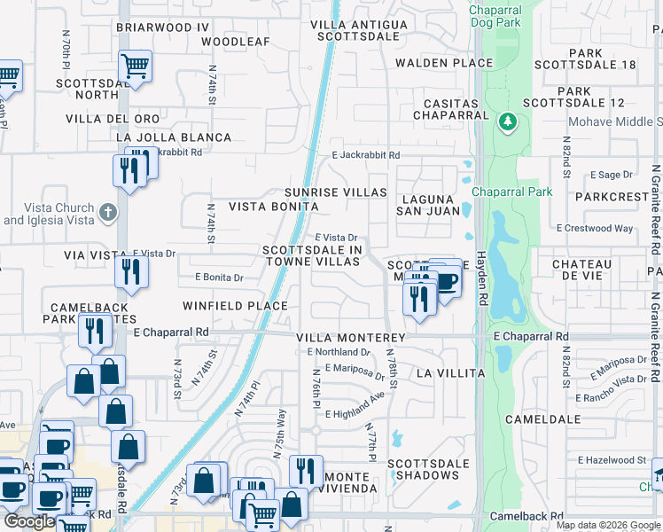 map of restaurants, bars, coffee shops, grocery stores, and more near 7624 East Bonita Drive in Scottsdale