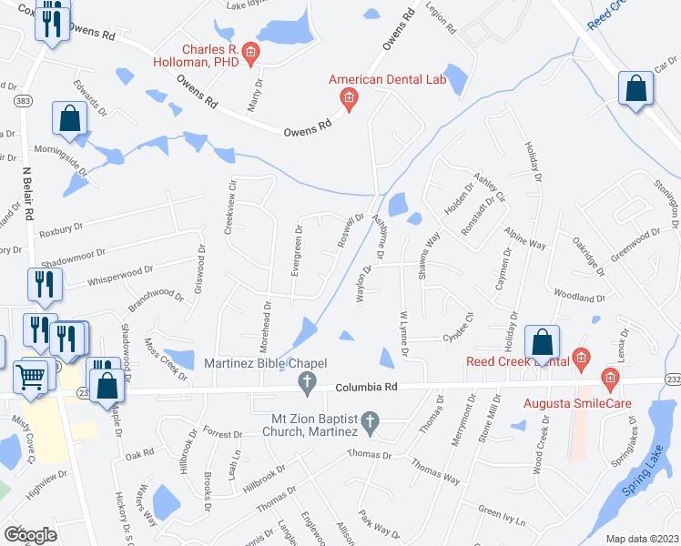 map of restaurants, bars, coffee shops, grocery stores, and more near 4354 Roswell Drive in Martinez