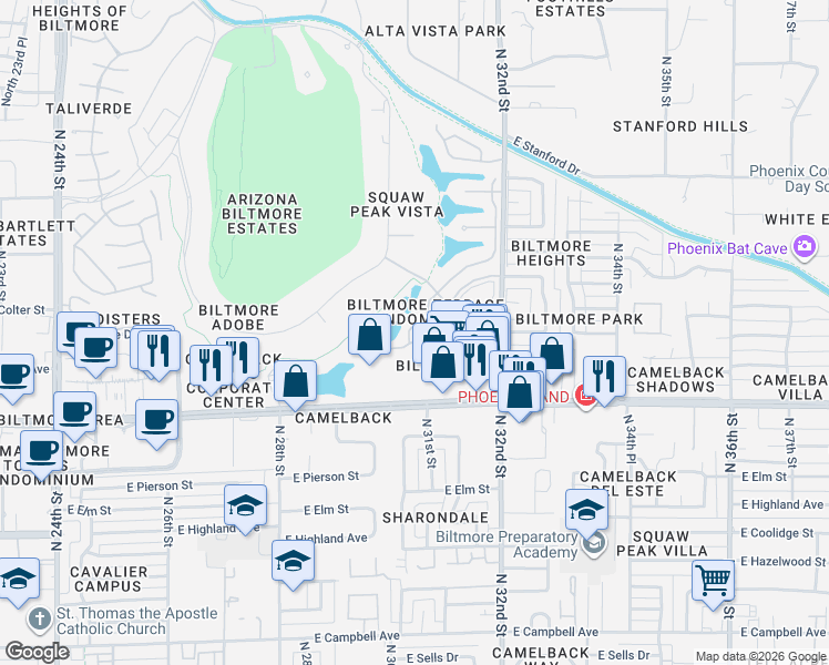 map of restaurants, bars, coffee shops, grocery stores, and more near 3020 East Camelback Road in Phoenix