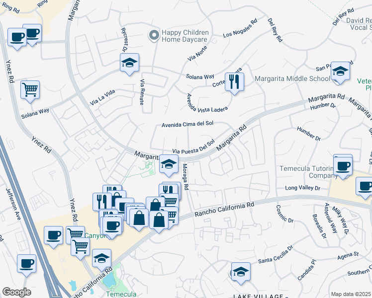 map of restaurants, bars, coffee shops, grocery stores, and more near 29862 Vía Puesta Del Sol in Temecula
