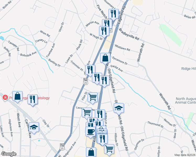map of restaurants, bars, coffee shops, grocery stores, and more near 1702 Knox Avenue in North Augusta