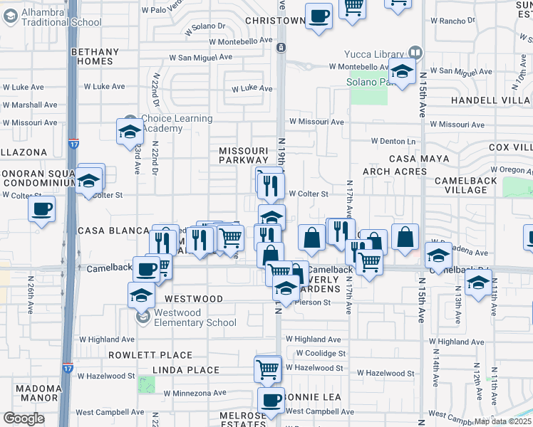 map of restaurants, bars, coffee shops, grocery stores, and more near 1919 West Colter Street in Phoenix