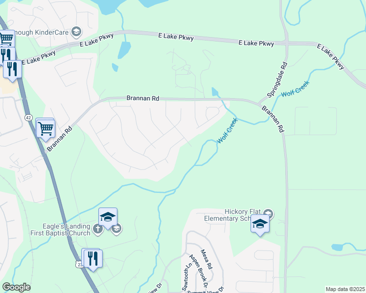 map of restaurants, bars, coffee shops, grocery stores, and more near 1037 Arbor Way in McDonough