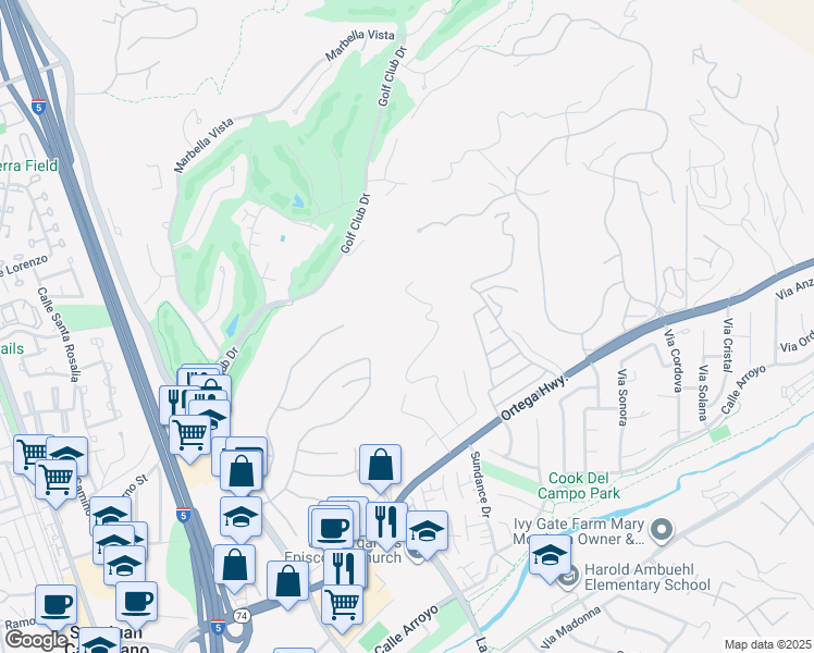 map of restaurants, bars, coffee shops, grocery stores, and more near 31062 Casa Grande Drive in San Juan Capistrano