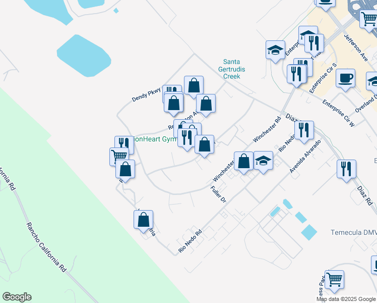 map of restaurants, bars, coffee shops, grocery stores, and more near 42095 Zevo Drive in Temecula